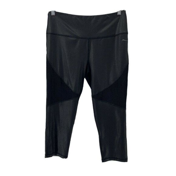 Black Wet Look Leather Look Cropped Leggings Large - Picture 1 of 6